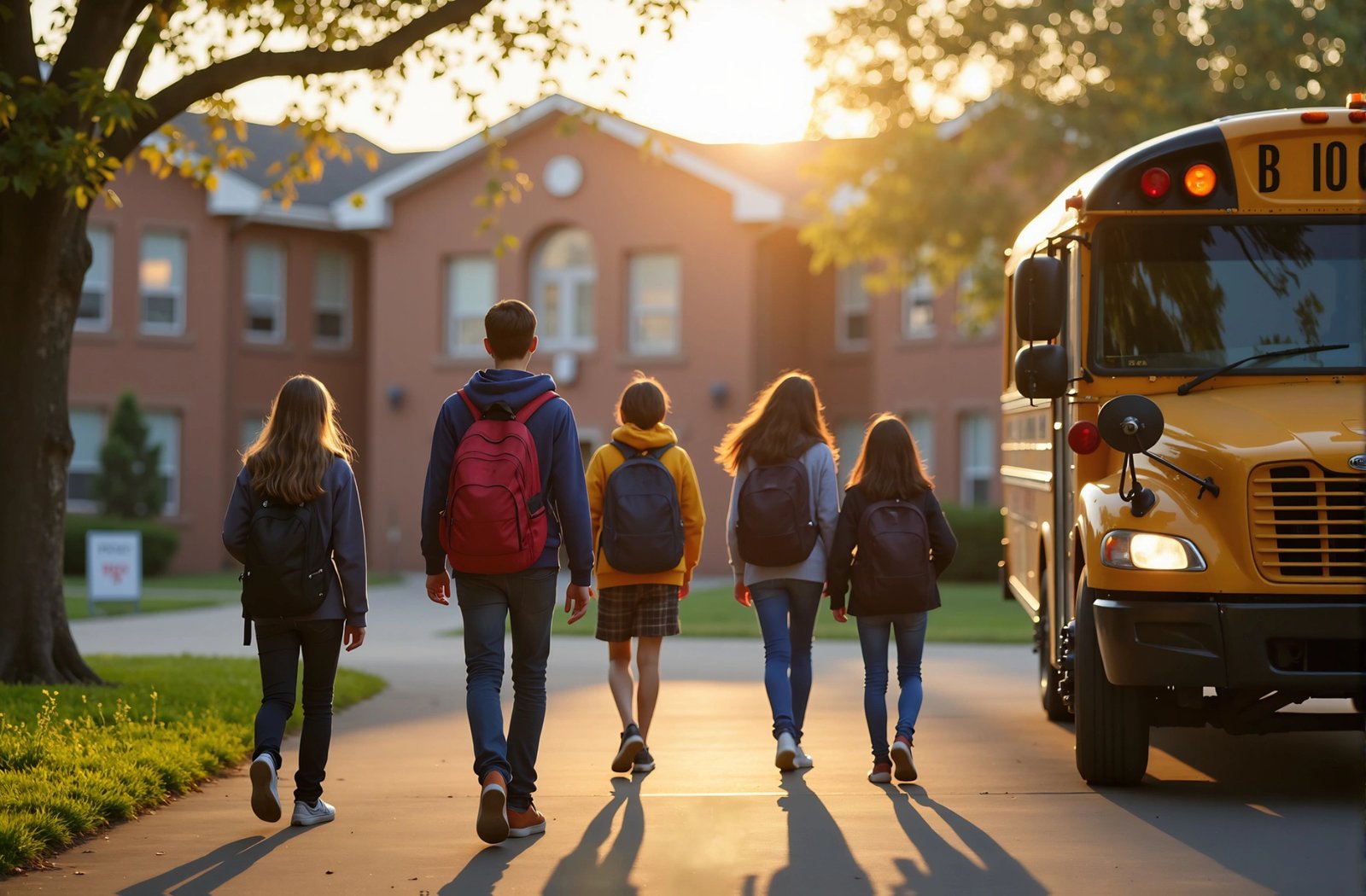 Students wearing backpacks walking toward a school building – education scene photo
