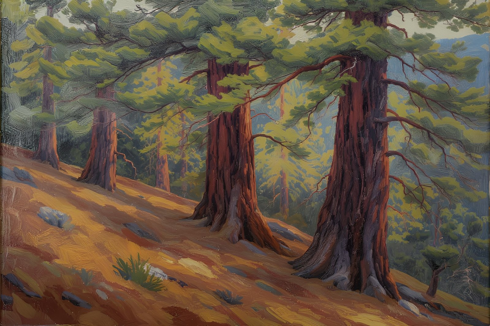 Oil painting of ancient cedar trees on a mountain slope—classic nature art for décor or heritage visuals.