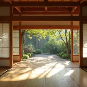 Traditional Japanese house interior hallway with wooden floors and paper sliding doors in authentic architectural style