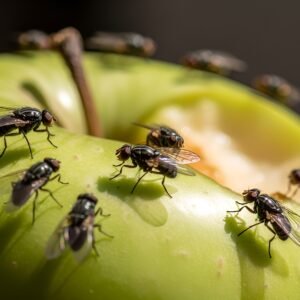 Macro shot of a group of fruit flies hovering over a half-eaten apple, with high detail