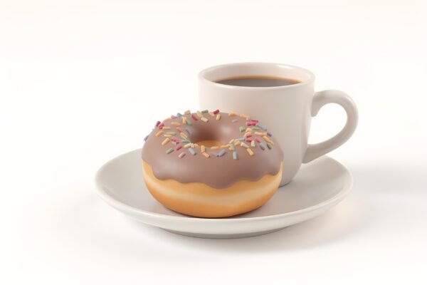 Minimalist 3D cartoon illustration of a donut on a saucer with a simple coffee mug with clean white background