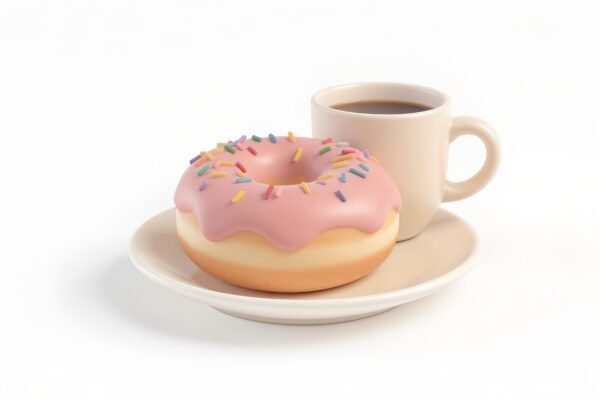 Minimalist 3D cartoon illustration of a donut on a saucer with a simple coffee mug with clean white background