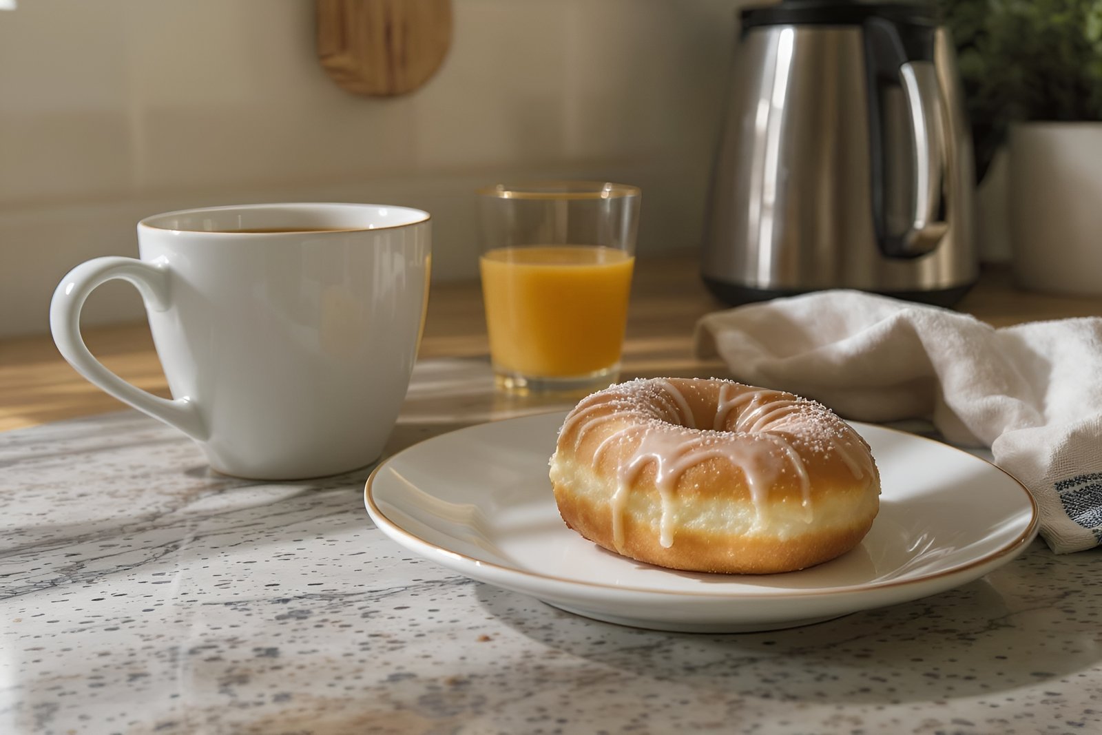 Photorealistic coffee and donut breakfast setup on a kitchen counter