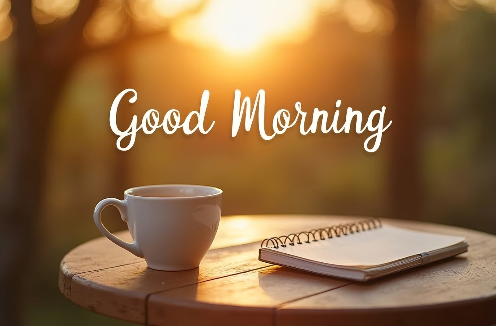 Coffee mug and notebook with “Good Morning” text on café table—free image for morning routine, lifestyle or café visuals.