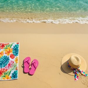 Overhead shot of a colorful beach towel, flip-flops, and a straw hat placed on smooth sand by the shoreline