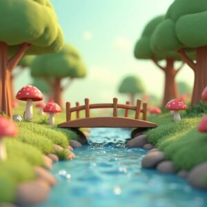 3D nature scene with a small wooden bridge crossing a sparkling stream, surrounded by stylized trees and mushrooms