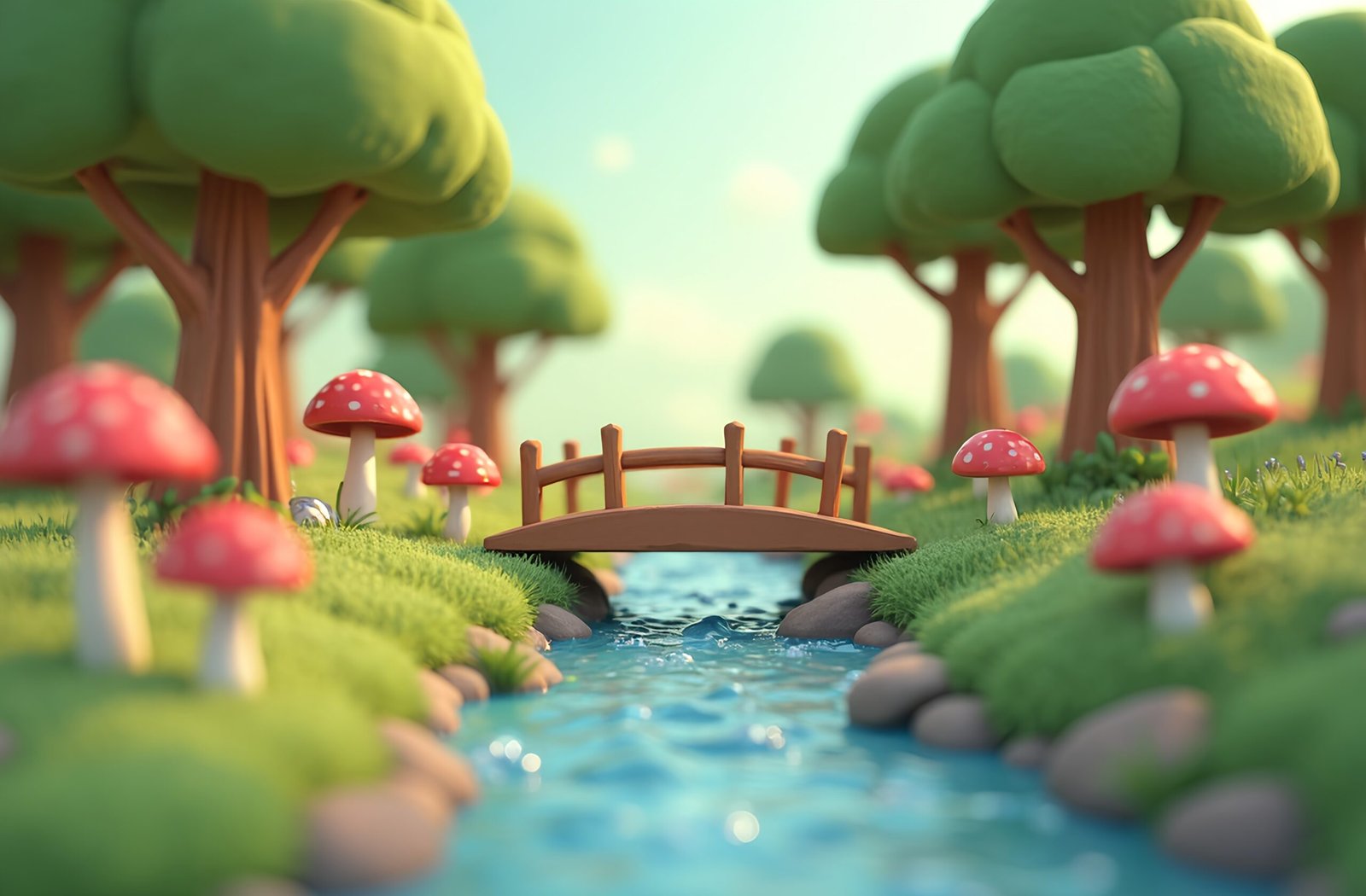 3D nature scene with a small wooden bridge crossing a sparkling stream, surrounded by stylized trees and mushrooms