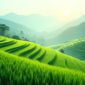 3D stylized rice terrace fields with curved layers of greenery, misty hills in the background