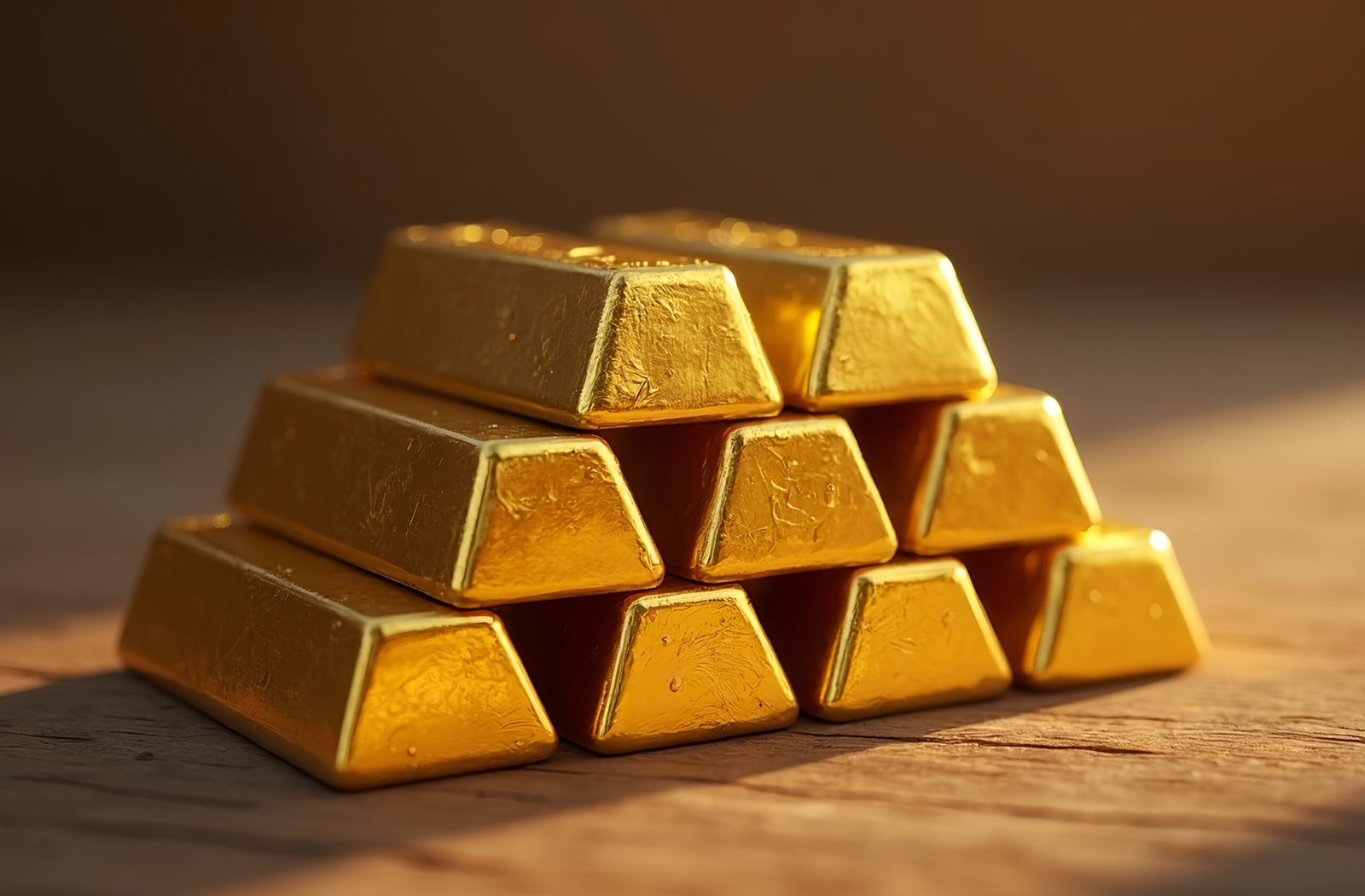 Shiny gold ingots stacked on wooden surface—free image for investment, luxury or business visuals.