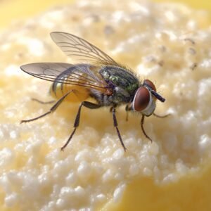 Macro close-up of a fruit fly on banana skin, highlighting red compound eye, wing detail, and textured surface