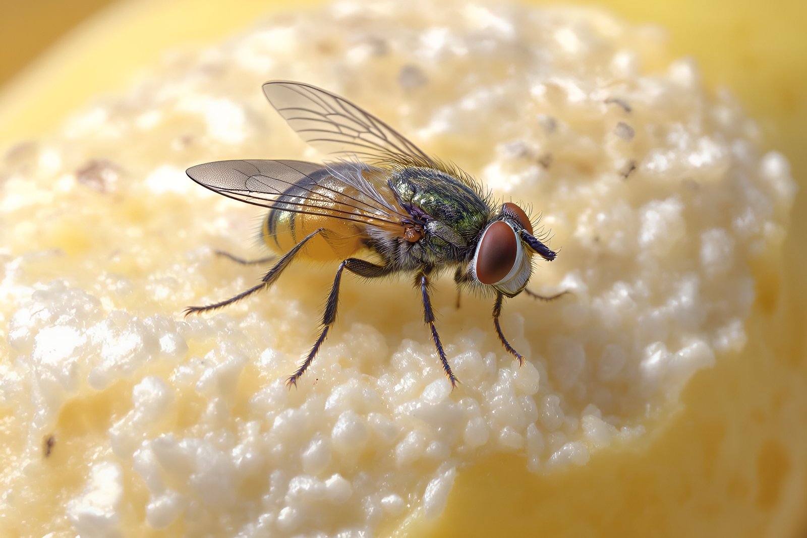 Macro close-up of a fruit fly on banana skin, highlighting red compound eye, wing detail, and textured surface