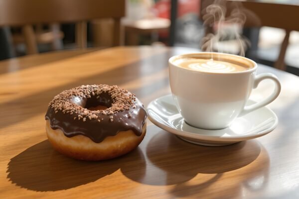 chocolate-glazed donut next to a steaming cup of coffee on a wooden café table in the morning