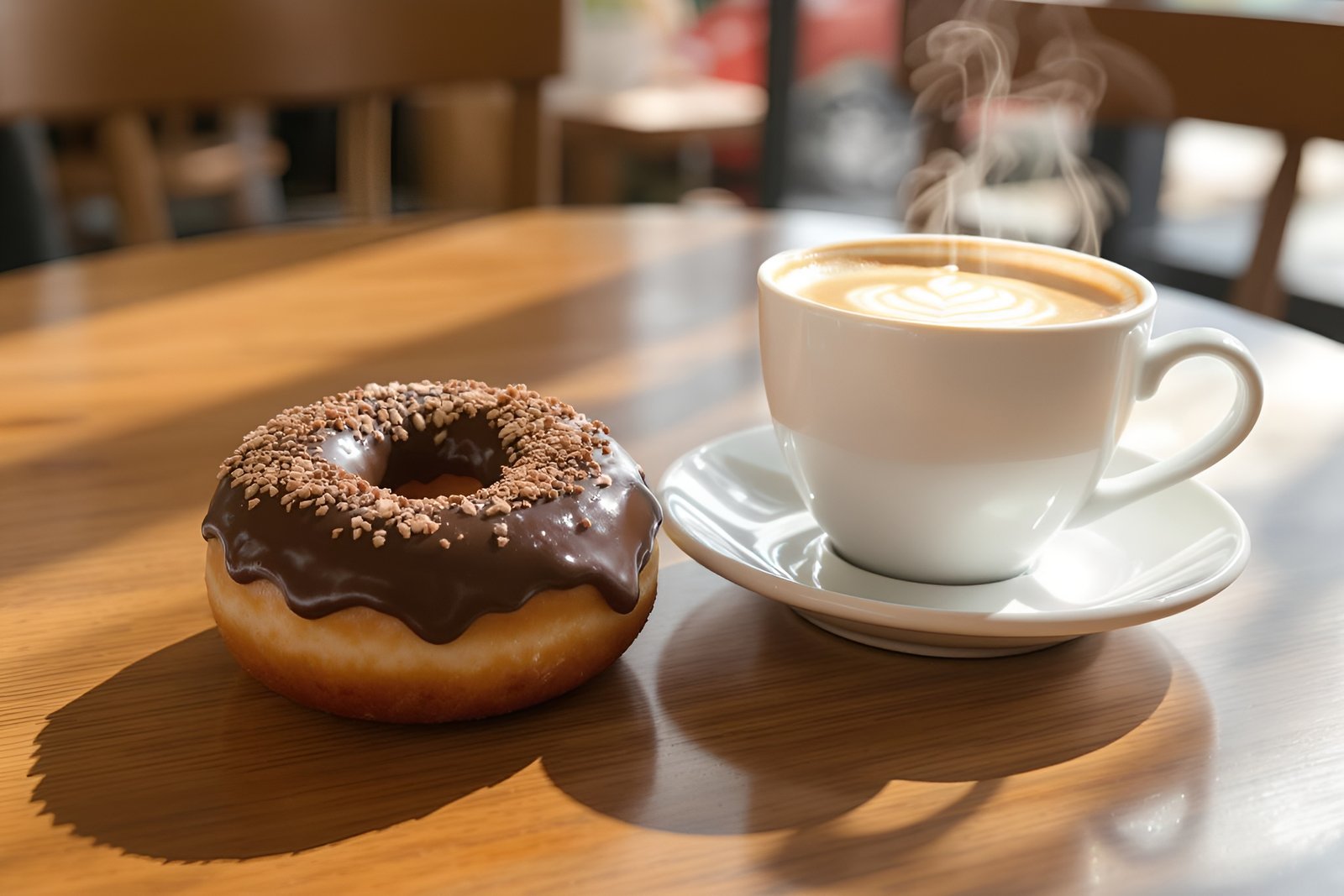 Chocolate-glazed donut next to a cup of coffee—free image for dessert, breakfast or café visuals.