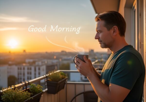 man holding coffee mug on a balcony