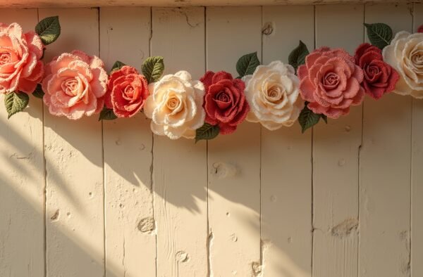 crochet flower garland hanging on a rustic wall