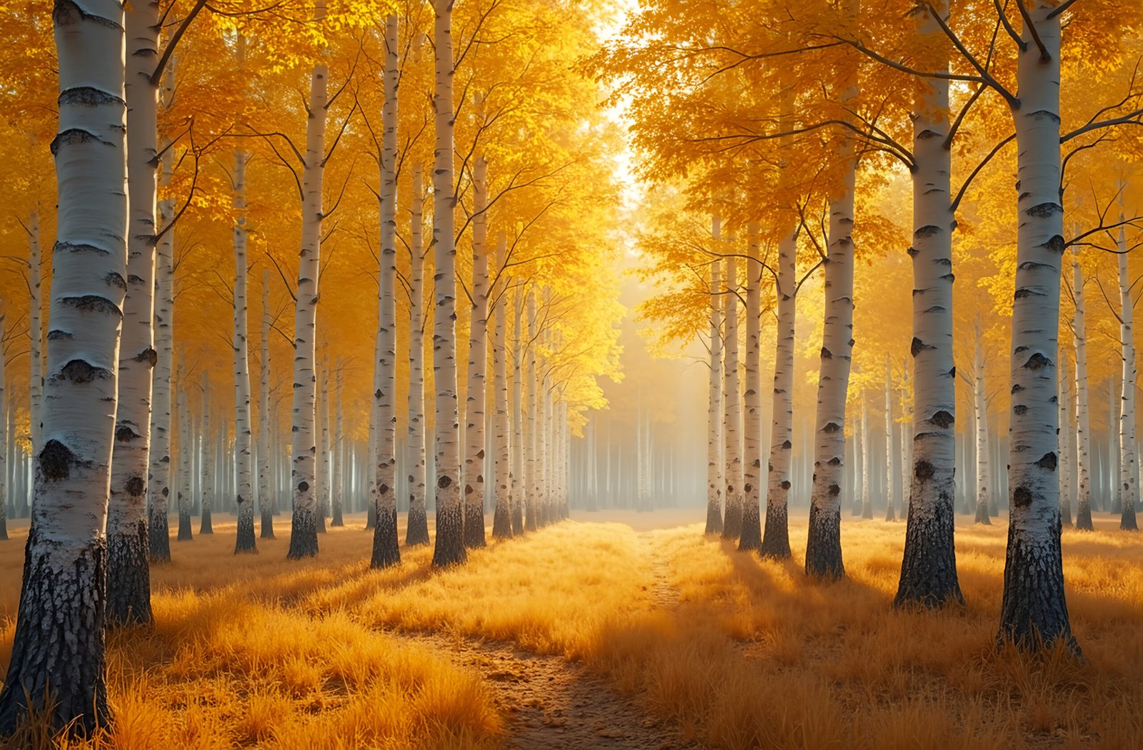 Grove of aspen trees with white trunks and bright yellow autumn leaves—free image for forest, fall or landscape visuals.