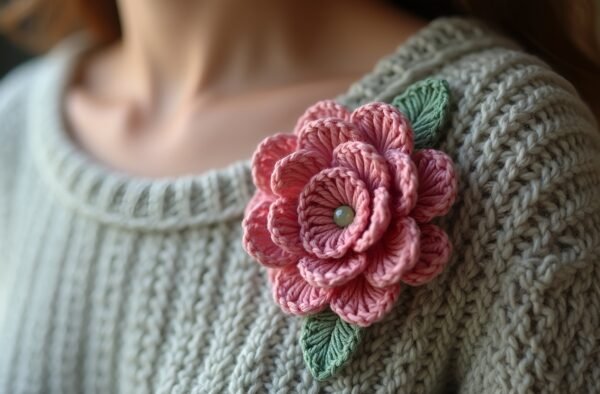 handmade crochet flower brooch pinned on a knitted sweater
