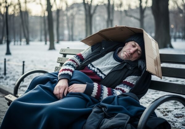 homeless man sleeping on a park bench covered with blankets and cardboard in winter