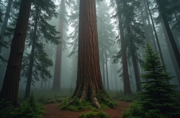 Photorealistic image of a tall cedar tree in a dense forest, thick reddish-brown bark, mist rising between the trees