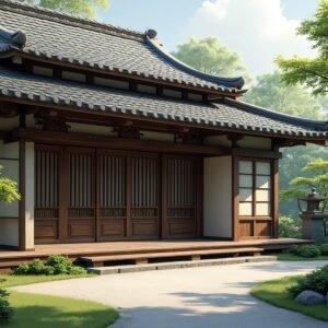 Traditional Japanese wooden house exterior with sliding shoji doors—ideal for architecture, heritage and travel visuals