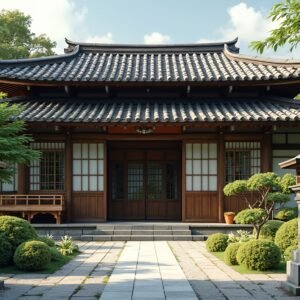 Traditional Japanese wooden house exterior with sliding doors and timber framing—architectural photo