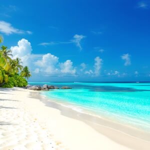 Photorealistic view of a pristine tropical beach with white sand, crystal-clear turquoise water, and palm trees under a blue sky