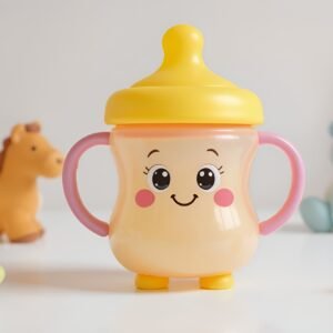 Sippy cup character with eyes, smile, and tiny legs standing on a bright surface, surrounded by cartoon-style baby toys