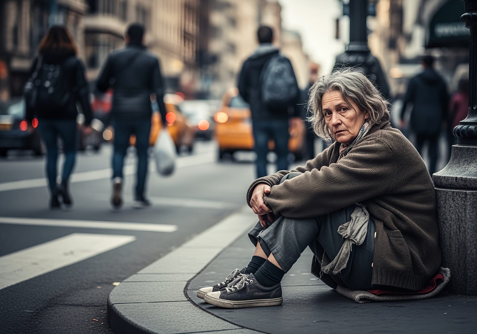 homeless woman sitting on busy urban street