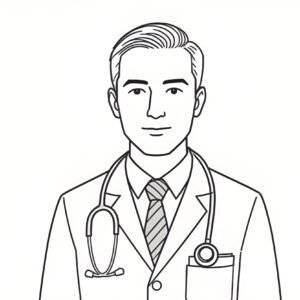 Simple black and white line art illustration of a doctor with stethoscope, continuous line style, minimalist