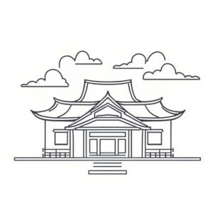 Simple line illustration of a traditional Japanese house