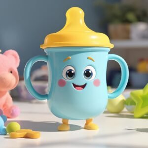 Blue Sippy cup character with eyes, smile, and tiny legs standing on a bright surface, surrounded by cartoon-style baby toys
