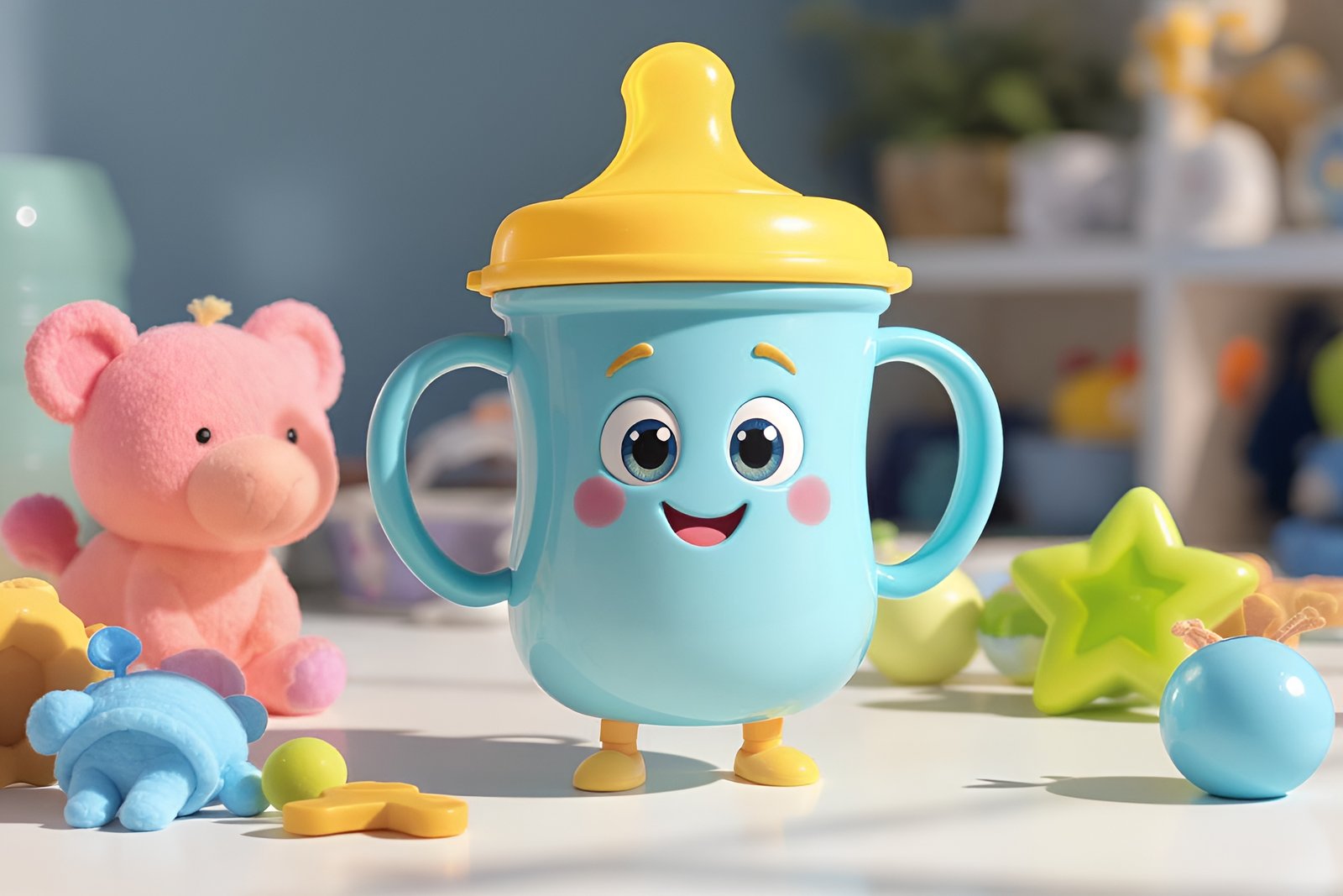 Blue Sippy cup character with eyes, smile, and tiny legs standing on a bright surface, surrounded by cartoon-style baby toys
