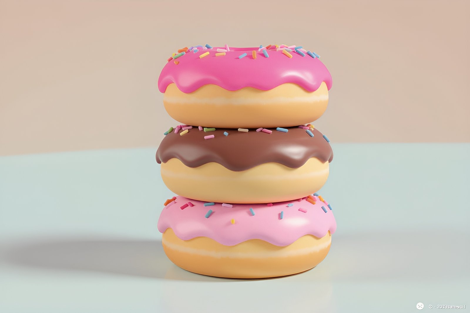Stacked 3D cartoon donuts on a pastel blue surface—playful food illustration.