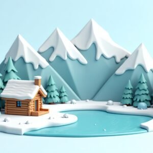 Stylized 3D mountain scene with snowy peaks, pine trees, and a log cabin nestled near a frozen lake