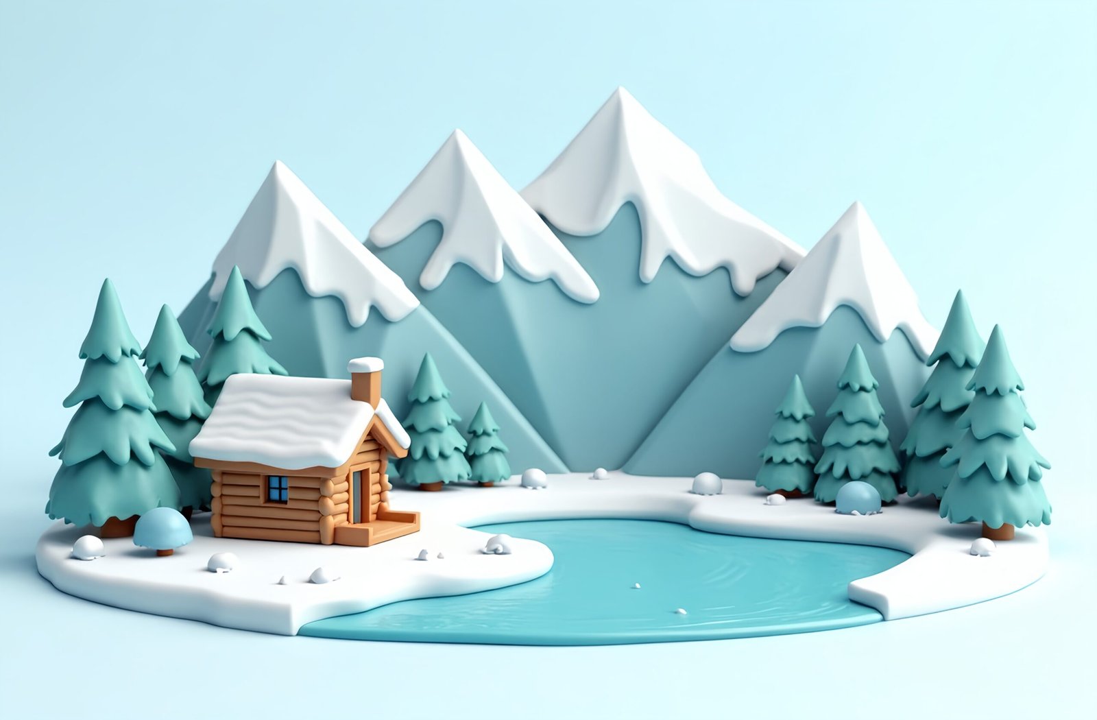 Stylized 3D mountain scene with snowy peaks, pine trees, and a log cabin nestled near a frozen lake