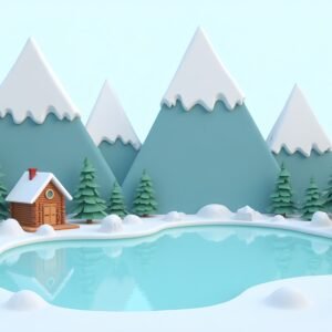 Stylized 3D mountain scene with snowy peaks, pine trees, and a log cabin nestled near a frozen lake