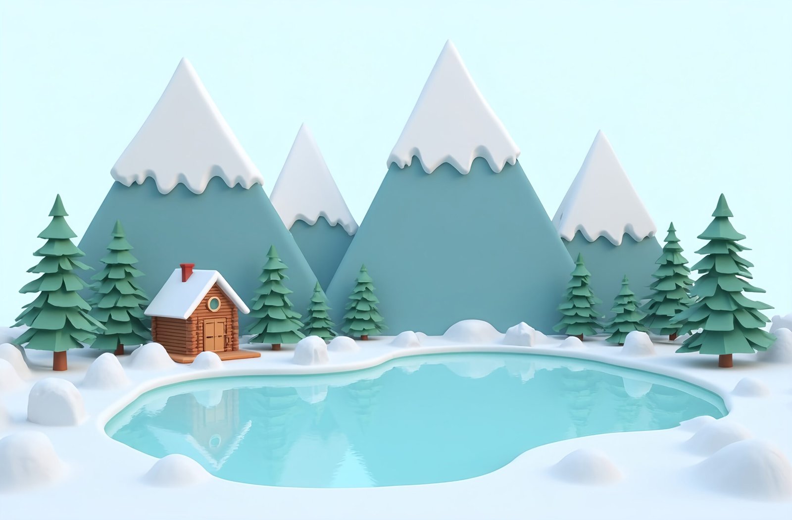 Stylized 3D mountain scene with snowy peaks, pine trees, and a log cabin nestled near a frozen lake