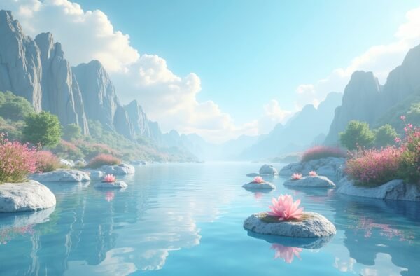 Surreal stylized landscape of water and floating stone platforms with flowers