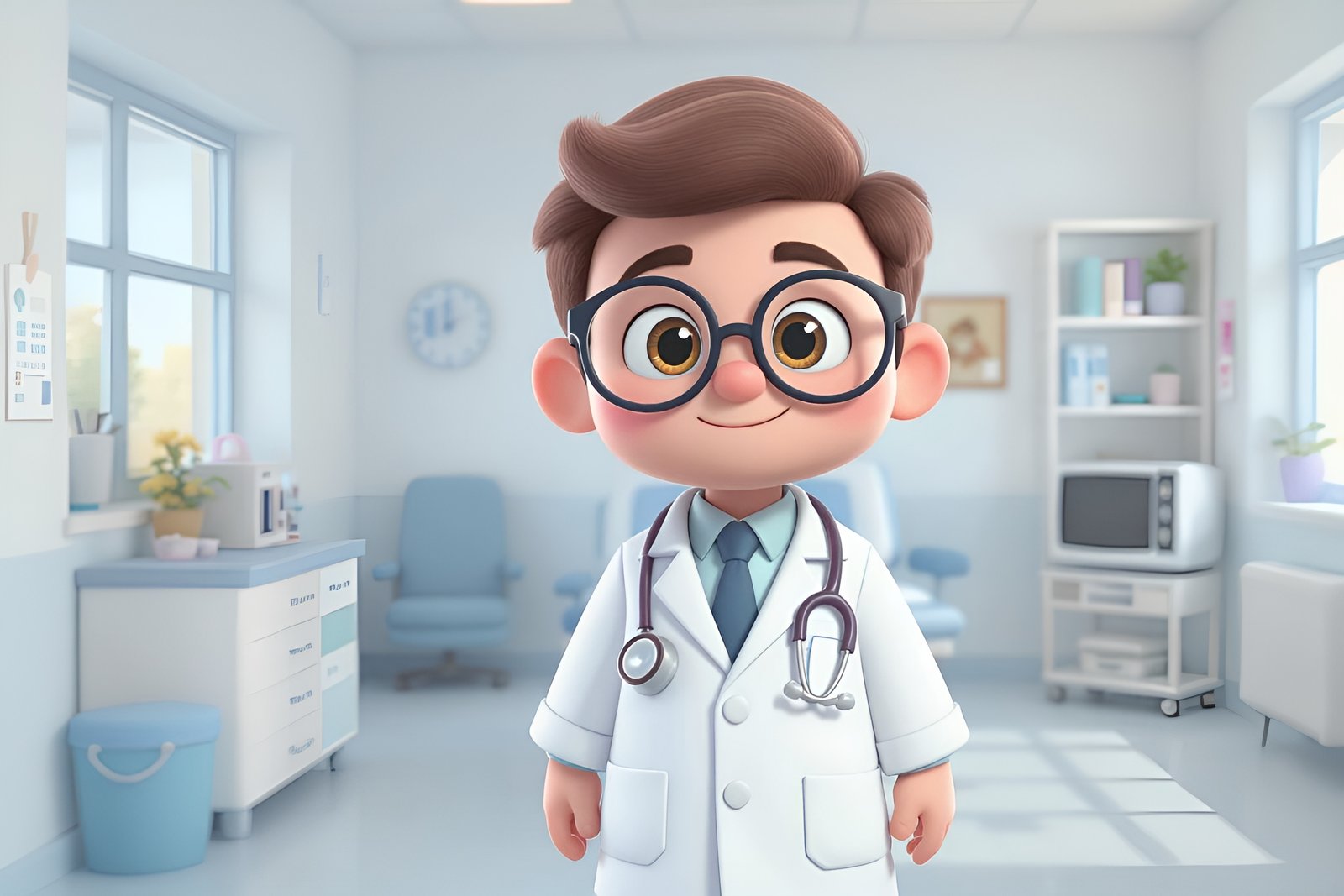 3D cartoon doctor with glasses and stethoscope in clinic scene—free graphic for healthcare or medical visuals.
