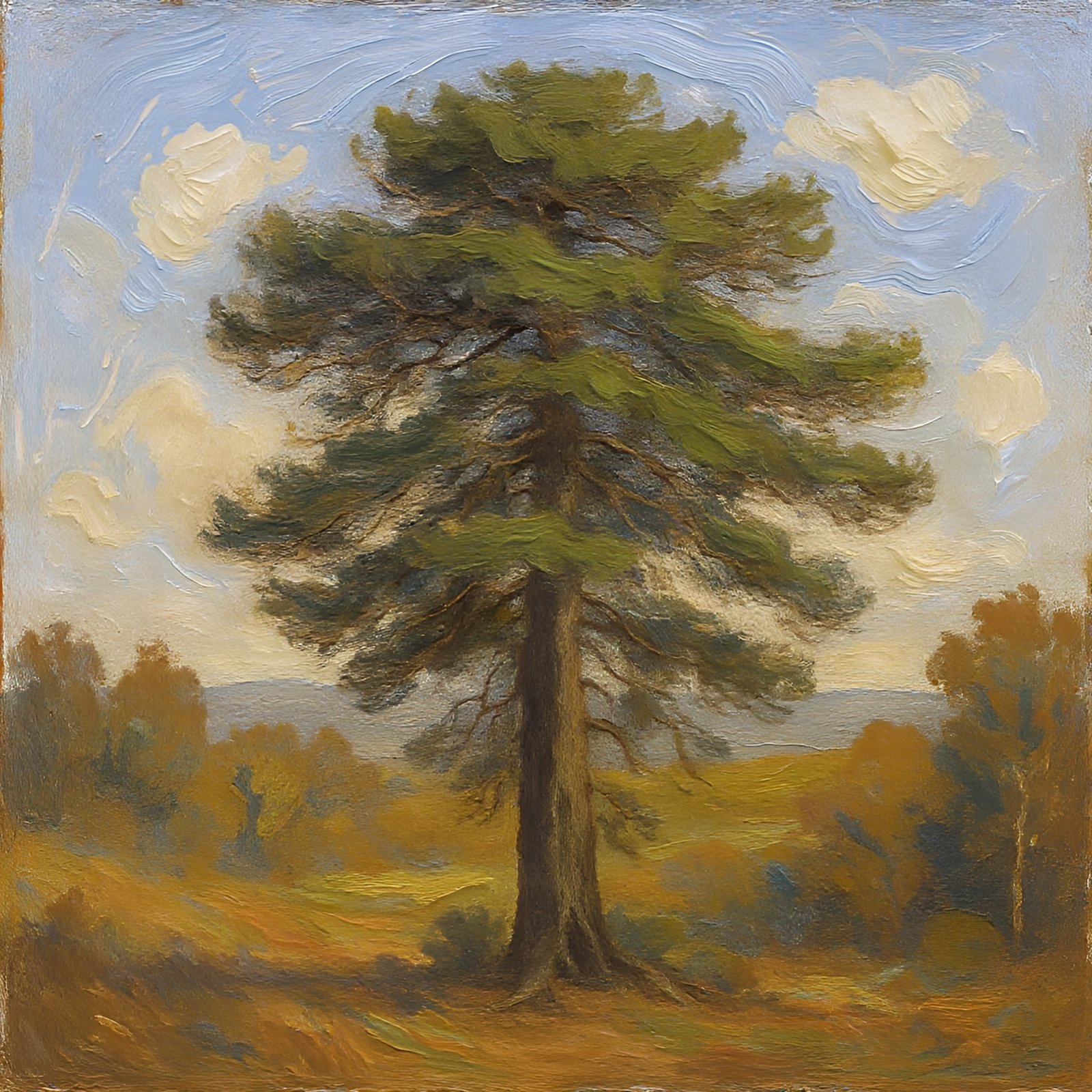 Textured oil painting of a single tall cedar tree