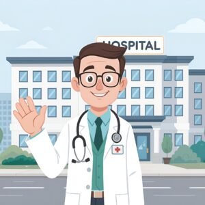 Vector illustration of a doctor character with glasses and stethoscope standing in front of a hospital building—free for healthcare design use.