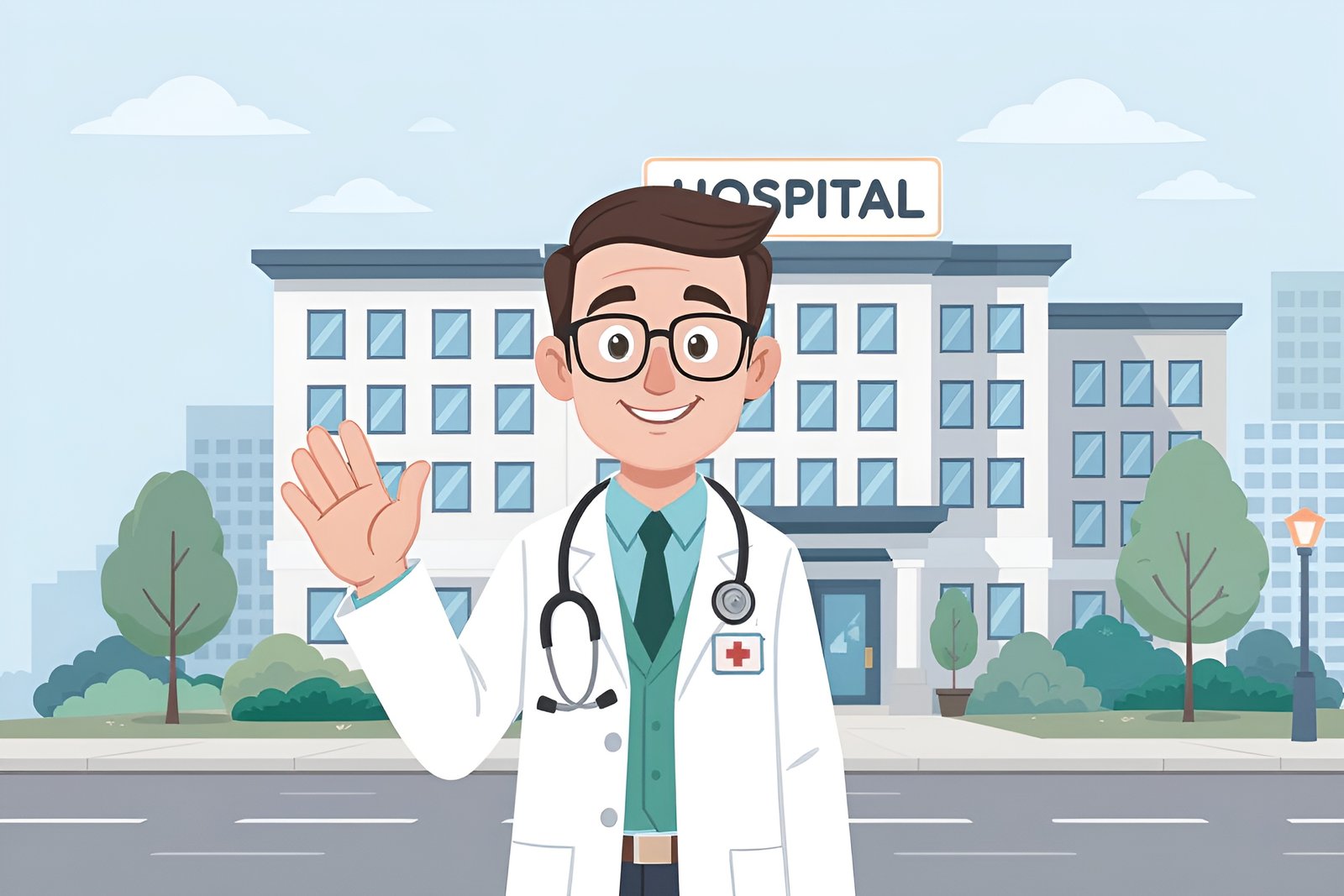 Vector illustration of a doctor character with glasses and stethoscope standing in front of a hospital building—free for healthcare design use.