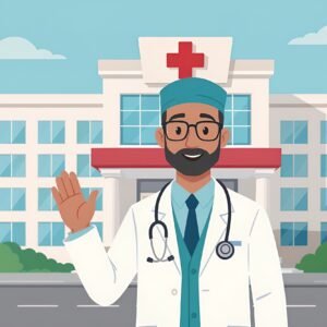 Flat vector illustration of a doctor with glasses and stethoscope—free graphic for healthcare or medical visuals.