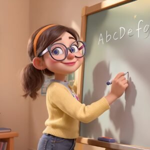 3D cartoon teacher with glasses writing on a whiteboard.