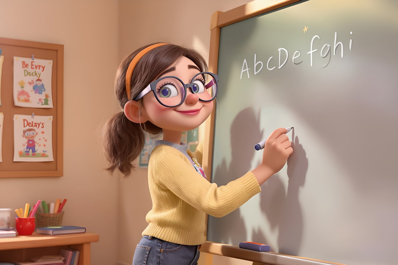 3D cartoon teacher with glasses writing on a whiteboard.