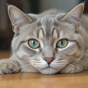 Close-up of an American Shorthair cat lying on a wooden floor, silver tabby coat, sharp focus on eyes