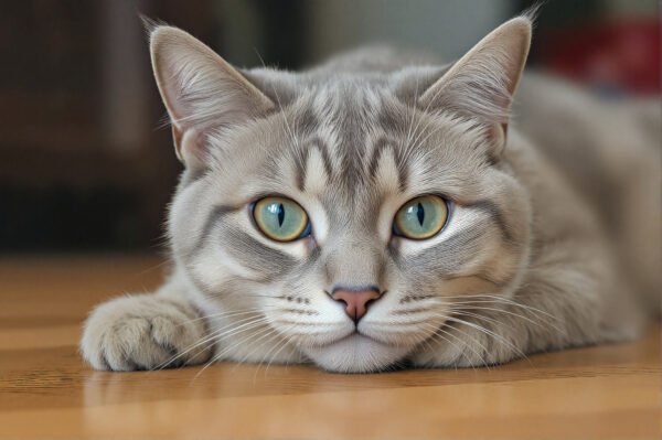 Close-up of an American Shorthair cat lying on a wooden floor, silver tabby coat, sharp focus on eyes
