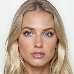 Close-up of a blonde woman with blue eyes and subtle freckles, studio lighting, white background