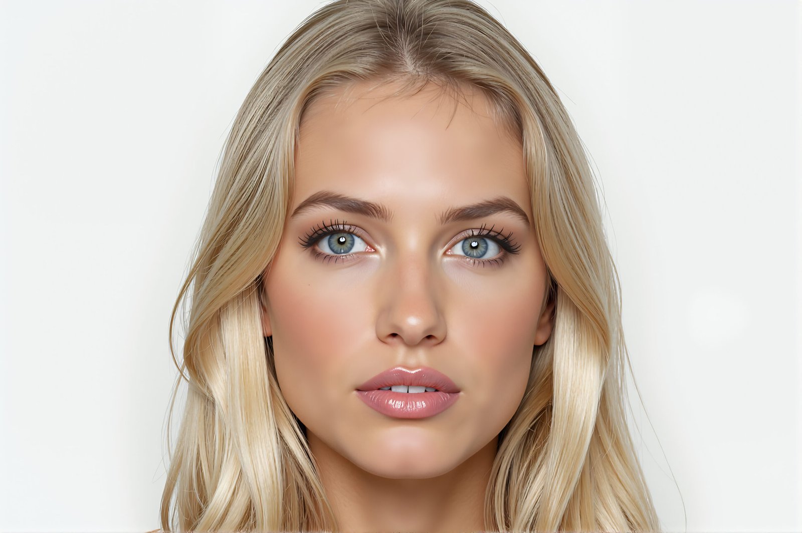 Close-up of a blonde woman with blue eyes and subtle freckles, studio lighting, white background