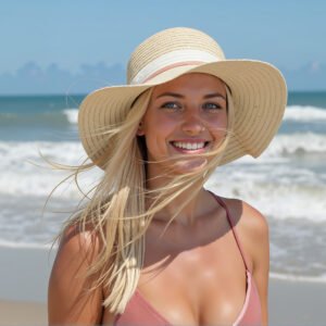 Young blonde woman wearing a sunhat at the beach—free image for travel, lifestyle or summer vacation visuals.